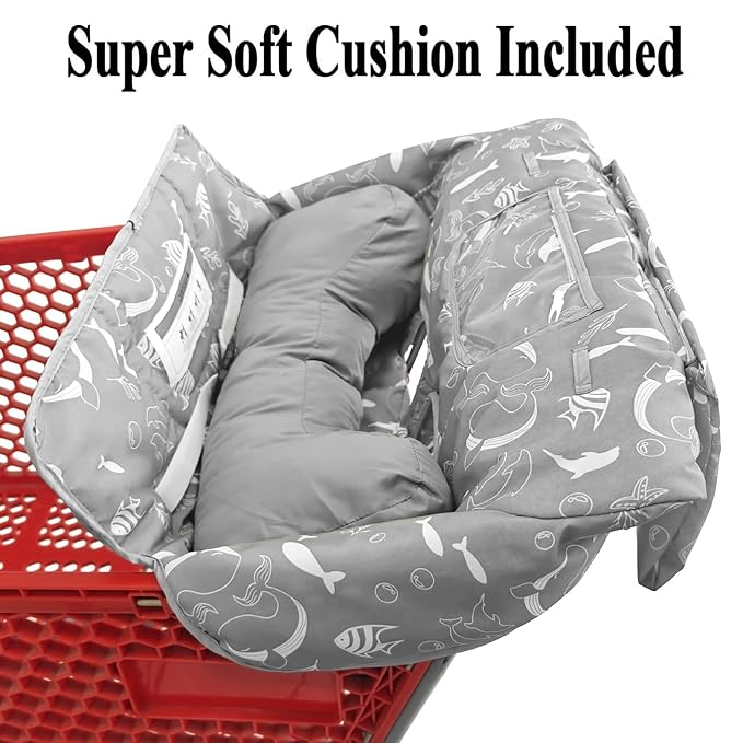 Soft Pillow Attached 2-in-1 Shopping Cart and High Chair Cover for Baby, Cotton Padded Cart Cover, Fold'n Roll Style, Portable with Carry Bag (Gray Seaworld)