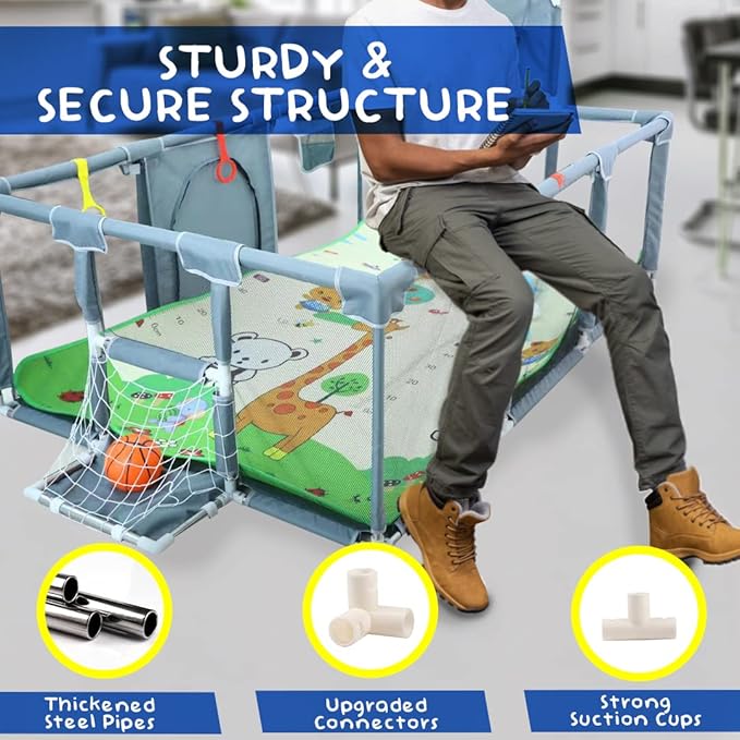 Upgraded Playpen with Enhanced Thick Foldable Mat, Balls, 4 Rings, Storage Bag, Basketball Hoop & Soccer Nets - Play Yard - Sport Playpen - Activity Center - BPA-Free, Non-Toxic, Safe