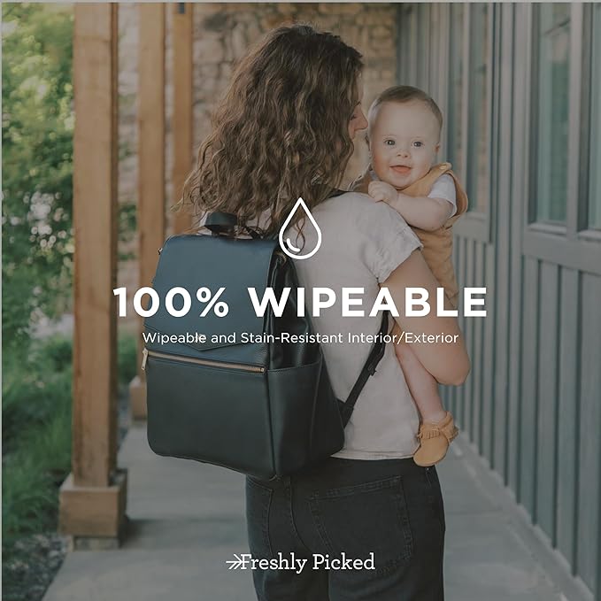 Freshly Picked Classic II Diaper Bag Backpack, Wipeable Vegan Leather With Changing Pad, Convertible (Ebony V2)