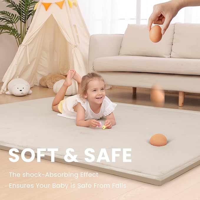 Baby Play Mat for Floor,1.3" Thick Memory foam Tummy Time Mat,Soft Coral Velvet Nursery Rug for Toddlers,Infants,kids,Extra Large Non Slip for Crawling,Yoga,Tatami Style for Living Room(Beige)