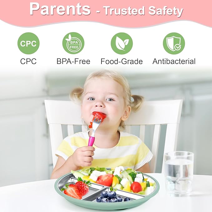 Stainless Steel Toddler Plates Silicone Suction,3 Packs Non-Slip Baby Plates,Divided Portion,Food-Grade Silicone Plate for Kids,LEAD-FREE Dishwasher Safe, Green Blue Pink