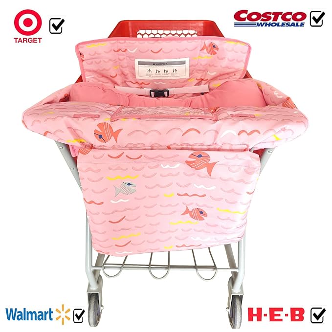 Soft Pillow Attached 2-in-1 Shopping Cart and High Chair Cover for Baby, Cotton Padded Cart Cover, Fold'n Roll Style, Portable with Carry Bag (Pink Fish)