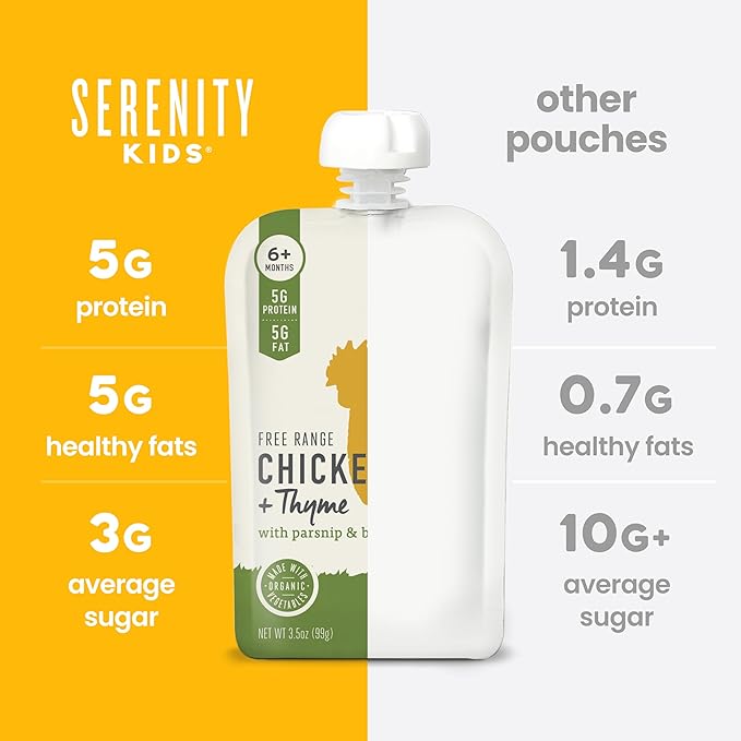 Serenity Kids 6+ Months Baby Food Pouches Chicken & Thyme Puree - BPA-Free Baby Food Puree -Range Chicken & Organic Parsnip & Beet Veggies - 3.5 Oz, 6 Pack