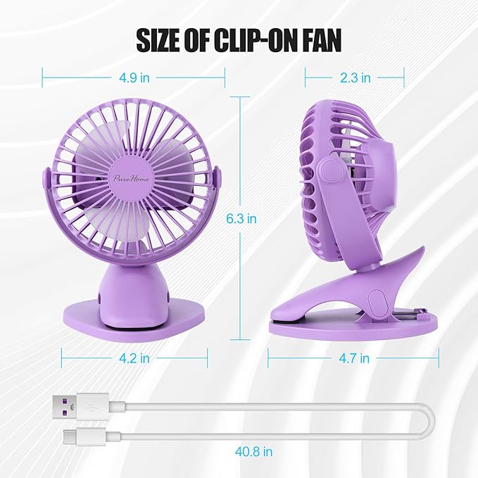 Portable Clip Fan Battery Operated,3 Speeds USB Rechargeable Mini Table Fan with Strong Airflow,360°Rotation Ultra Quiet Personal Desk Fan for Home Office Bedroom Dorm Stroller Camping(Purple)