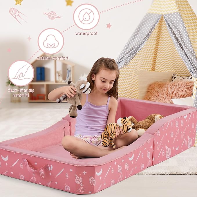 JOYWOO Toddler Floor Bed, Toddler Travel Bed, Foldable Portable Toddlers Beds for Home/Playing/Nap/Hotel, Kids Floor Crib with Washable Cloth Cover, Toddlers Cots for Kids Sleeping, Peach Pink