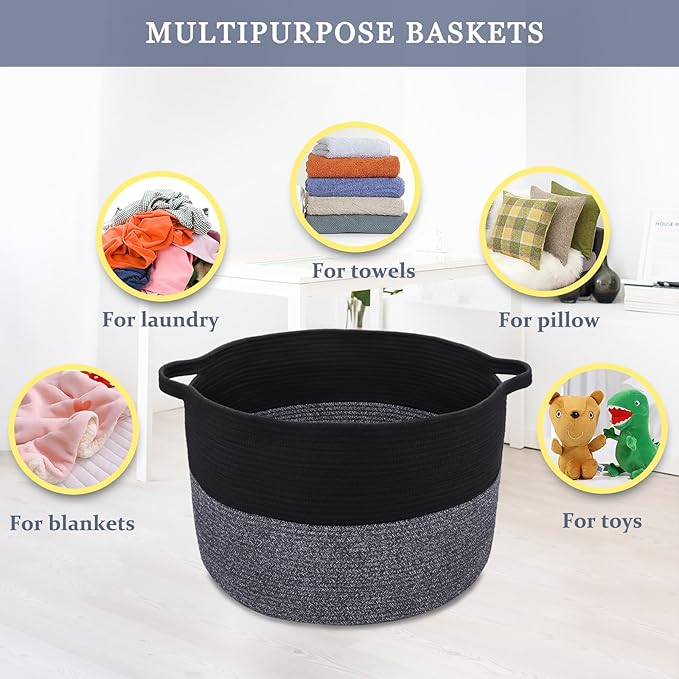 Extra Large Blanket Basket 87L, Laundry Hamper, Baby Nursery Hamper for Storage Toys Clothes Towels, Large Cotton Rope Laundry Basket for Girls Boys, 22”x 14”, Black & Gray