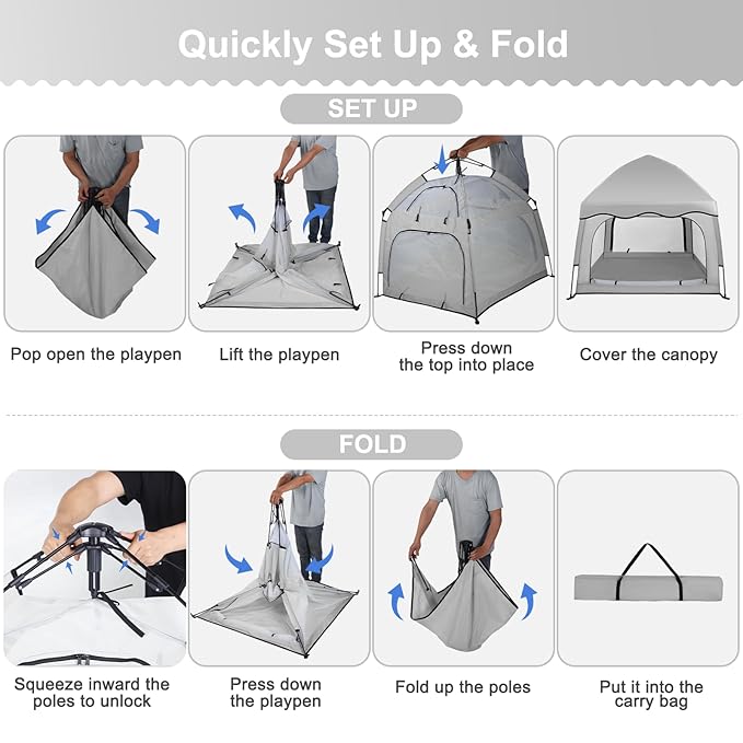 Portable Baby Playpen with Canopy, Infant Play Yard, Beach Tent, Mosquito Net for Indoor and Outdoor (Grey)