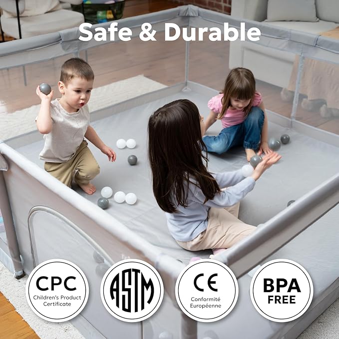 MioTetto Large Baby Playpen – Portable Play Pen, Playpen for Babies and Toddlers with Gate and Breathable Mesh – Indoor, Outdoor Baby Play Yard with Balls & Hangers - Safe and Sturdy Play Pen