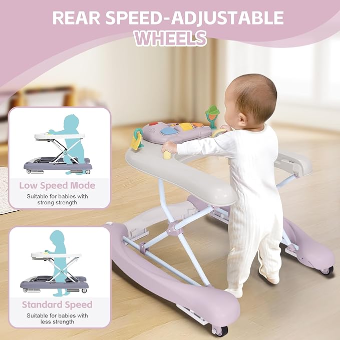 Foldable Baby 5-in-1 Activity Walker - Rocker, Activity Center, Bouncer, Seat Walker, Push Walker - Adjustable Speed Rear Wheels and Height Toys Ages 6-18 Months… (Purple)