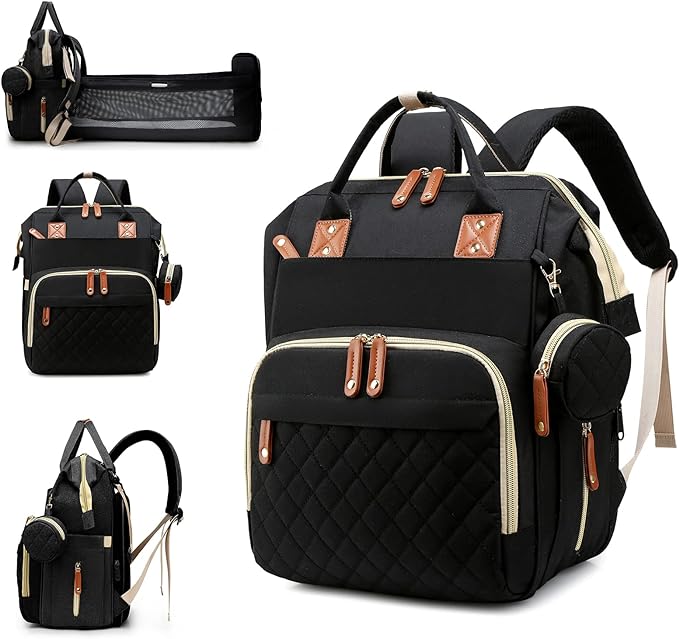 Diaper Bag with Changing Station, Waterproof 3 in 1 Baby Diaper Backpack with Foldable Changing Pad, Large Travel Back Pack for Baby Girl Boy, Baby essentials, Black