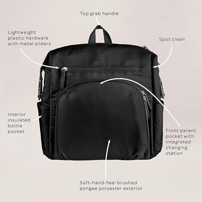 JJB by JuJuBe Modern Diaper Bag Backpack with Portable Changing Pad, Stroller Straps, Large Travel Backpack for Boy or Girl, Carrying Baby Bottles, Wipes, Diapers, Pacifiers, Black, Mother's Day Gift