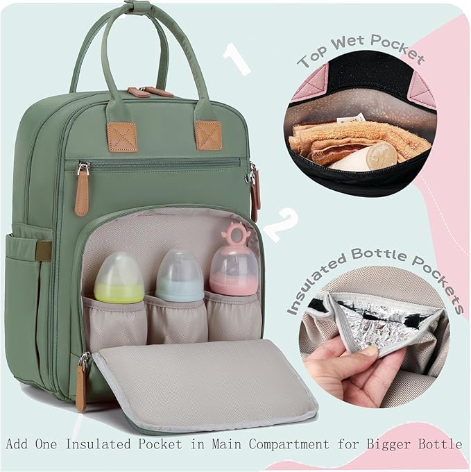 18 Pockets Diaper Bag Backpack with Waterproof Pockets and Stroller Buckle, Convertible Tote Bag (Green, Large)
