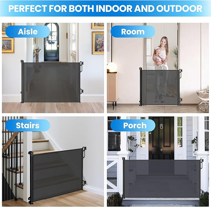 Retractable Safety Baby Gate or Mesh Dog Gate,Durable Portable Mesh Retractable Gate,Easy to Use for Stairs, Doorways, Hallways, Indoor, Outdoor, 33.5" Tall, Up to 45" Wide, Black