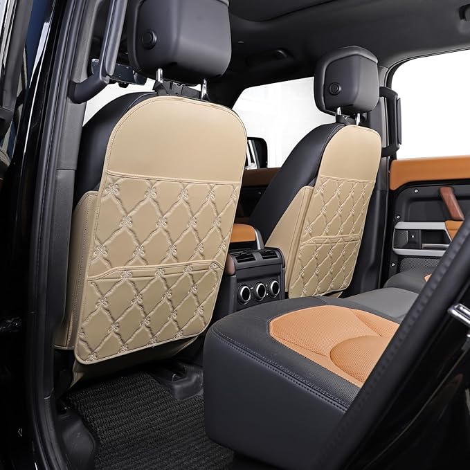 Seat Back Protector + Large Capacity Pocket Storage Organizer,Preventing The Impact of Children Stepping on The Seat Backrest (Style B-Beige)