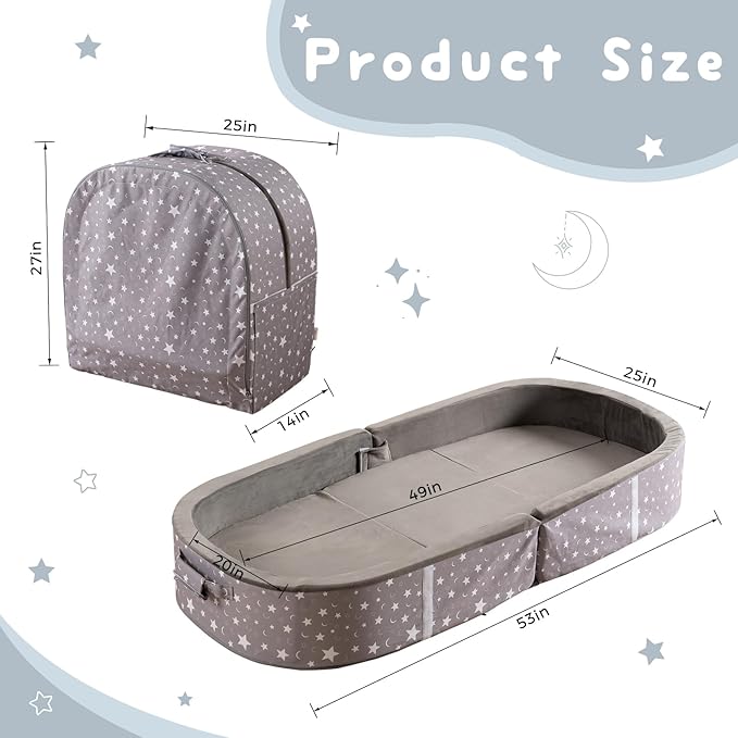 BYBYME Portable Toddler Travel Bed - Waterproof Foldable Floor Crib with Washable Fitted Sheet - Ideal Folding Toddler Cots for Sleeping and Sleepovers (Dark Grey)