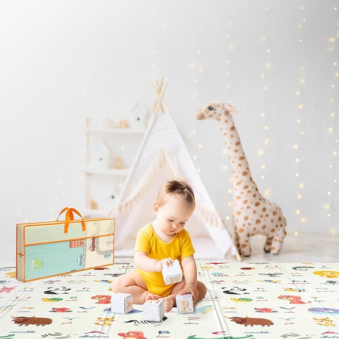 Foldable Baby Play Mat, Extra Large, Non-Toxic, Waterproof Activity Playmats for Babies, Education for Infant, Non-Slip Double Sided (79”x71” 0.6 in Milky) Boys and Girls