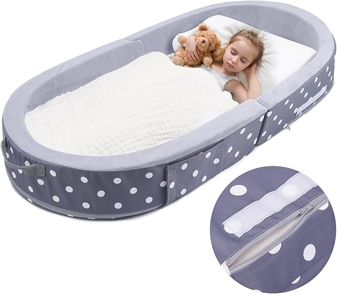 Mooedcoe Foldable Toddler Floor Bed with Sides, Folding Toddler Bed for Travel Kid Foam Sleeping Cot (Round, Dot)