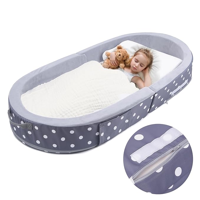 Mooedcoe Portable Foldable Toddler Travel Bed with Sides, Portable Toddler Bumper Bed for Travel Kid Foam Sleeping Cot for Children 18M – 5yr Old