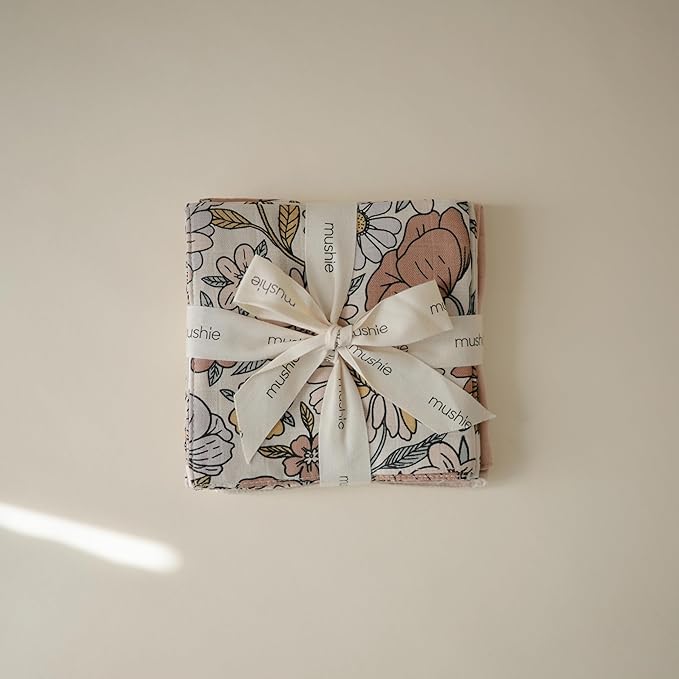 mushie Muslin Organic Cotton Washcloths 5-Pack (Retro Flowers Combo) | Soft Wipes for Baby Cleanups and Bathing