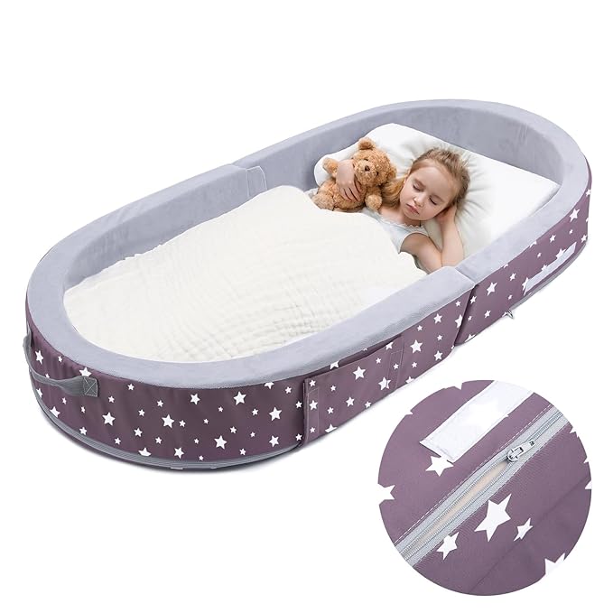 Mooedcoe Portable Foldable Toddler Travel Bed with Sides, Folding Toddler Bed for Travel Kid Foam Sleeping Cot for Children 18M – 5yr Old (Round, Star)