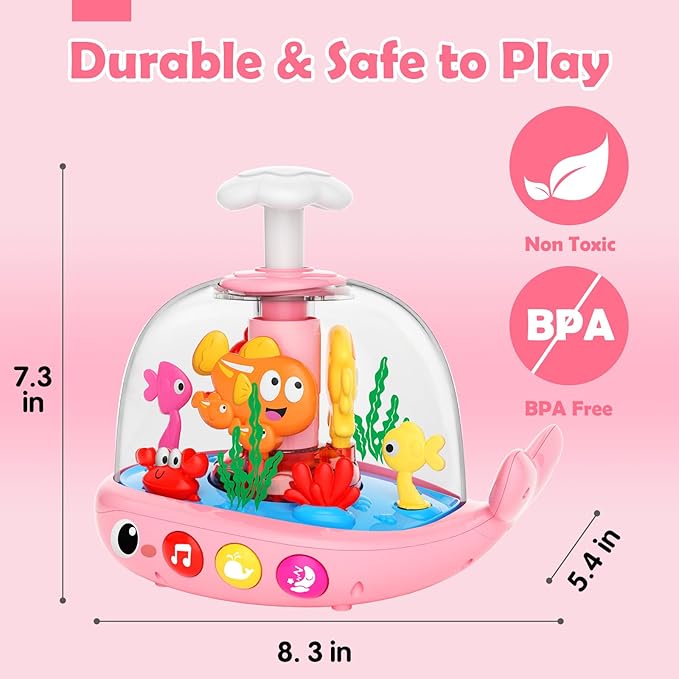 Baby Girl Toys 6-12 Months - Press & Spin Aquarium Light Up Musical Toy for Infant Toy 9-12-18 Months - Bilingual Learning Toddler Toys for 1 2 3 Year Old Boy Girl (Pink)