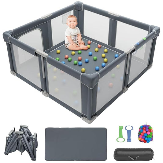 Foldable Playpen for Babies and Toddlers, 51" Portable Play Pen with Mat and Ocean Balls, Play Yard with with Visible Mesh for Inddor and Outdoor, No Assembly Required, Dark Gray