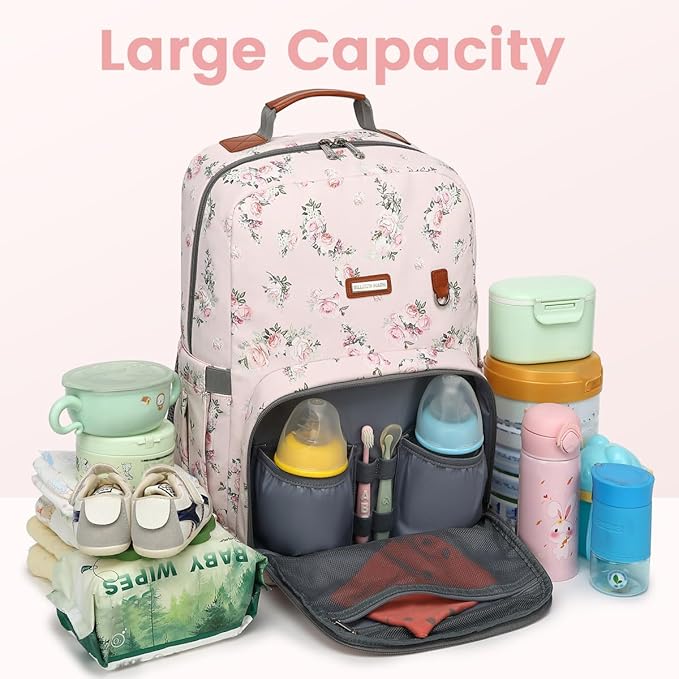 Diaper Bag Backpack, Large Baby Nappy Bags with Portable Changing Pad for Boys and GirlsMultifunction Travel Baby Bag for Moms Dads, Shower Gifts Waterproof and Stylish,Flower Pink