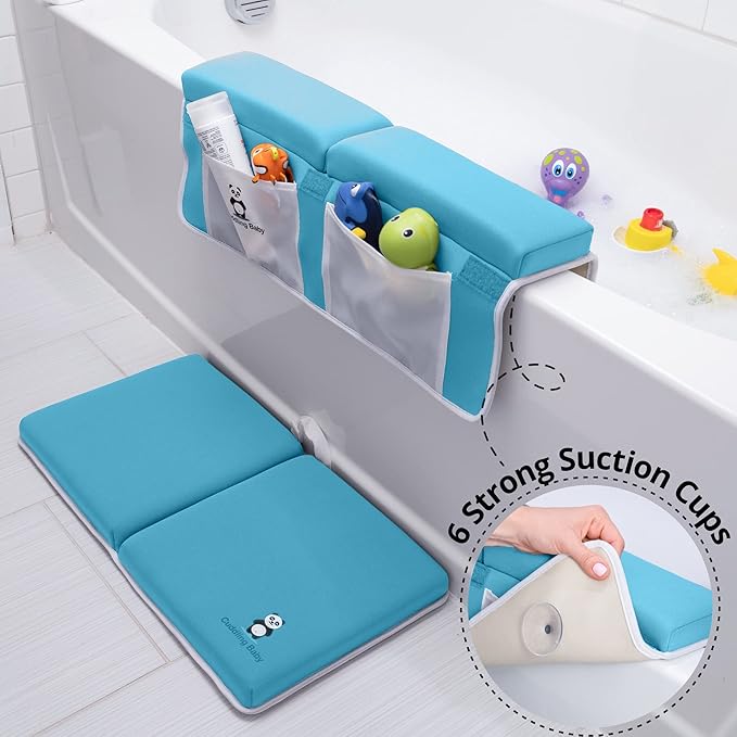 Bath Kneeler and Elbow Rest Pad Set - 2PC Premium Baby Bath Mat Set - Non-Slip Kneeling Pad with Storage Pockets - Machine Washable, Durable Foam Pad Bundle - Blue