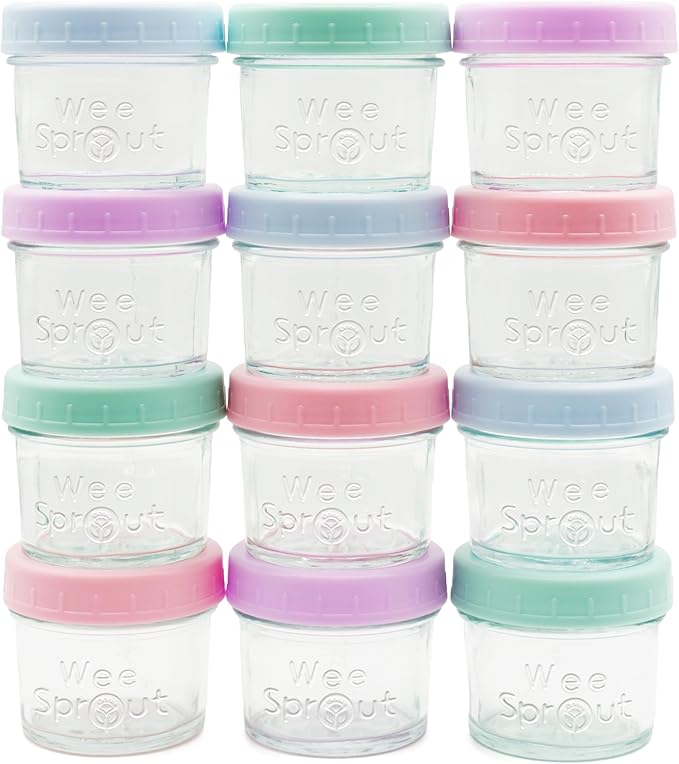 WeeSprout Baby Food Storage Glass Jars w/Lids (4 oz, 12 Pack) Pastel Variety, Snack, Reusable Small Containers, Fridge or Freezer, Microwave & Dishwasher Safe, Essentials for Infants