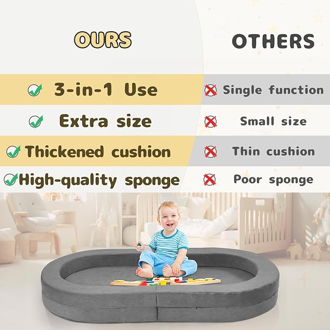 Travel Toddler Bed, 3-in-1 Portable Foldable Toddler Chair,Soft Foam Floor Bed Lounger with Washable Cover,Grey