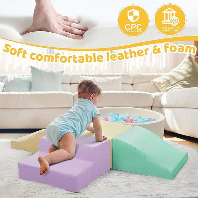 Foam Climbing Blocks for Toddler: with 4-Piece PU Leather Climbing Toys and a Ball Pit - Foam Ball Pit for Toddlers - Climbing Toys Indoor for Kids Crawling (Yellow Climbing Blocks)