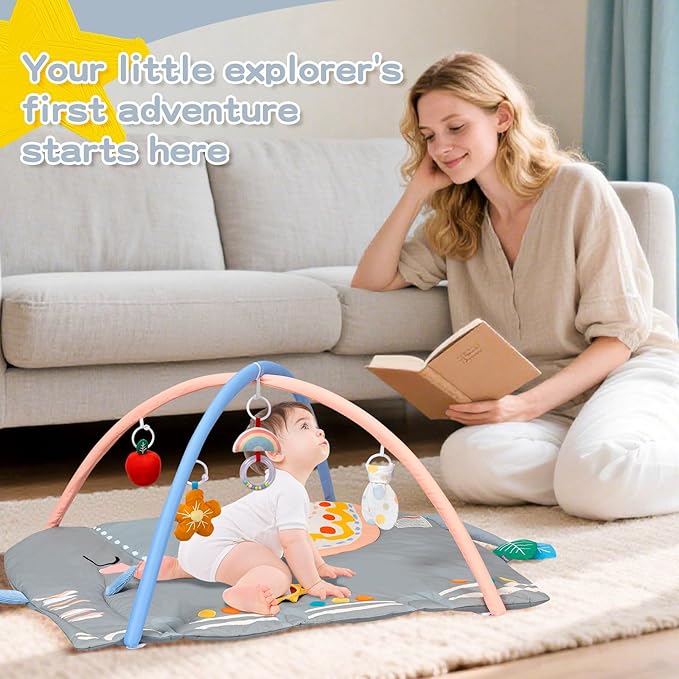 Baby Play Gym & Activity Mat, Oversize Elephant Baby Play Mat w 6 Detachable Toys, Tummy Time Mat Promote Motor Skills & Sensory Development Mat, Newborn Infant Baby Essentials Gift