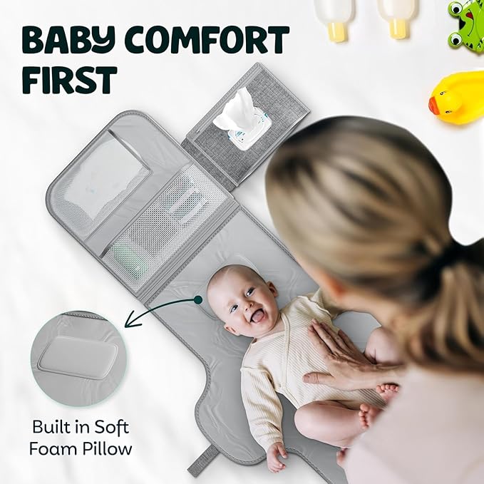 Waterproof Baby Portable Diaper Changing Pad Travel Station Kit, Portable Changing Pad for Infants with Wipes Pocket, Easy-Clean, Compact Changing Mat for Diaper Bag, Gift for Baby Shower