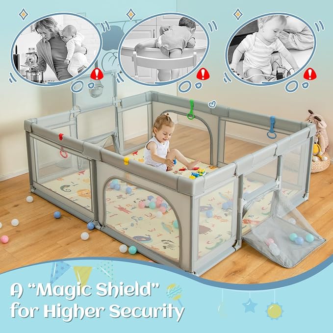 INFANS Baby Playpen, 74” x 62” Extra Large Play Yard for Babies and Toddlers with Crawling Mat Ocean Balls Basketball Hoop 2 Football Gates Indoor Outdoor Activity Center (Light Gray)