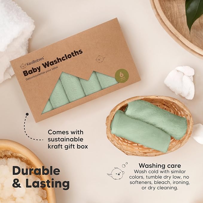 6-Pack Soft Baby Washcloths, Viscose from Bamboo - Kids, Newborn Bath Towels, Infant Shower, Toddler Reusable Face Towel, Gentle on Skin, Face Wash Cloths for Babies, 10x10 (Pistachio)