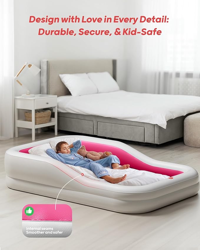 QPAU Inflatable Toddler Travel Bed with 3-Sided Safety Bumpers, Extra Large Kids Air Mattress, Includes Detachable Mattress, Portable for Camping, Travel, Home Use (Red)