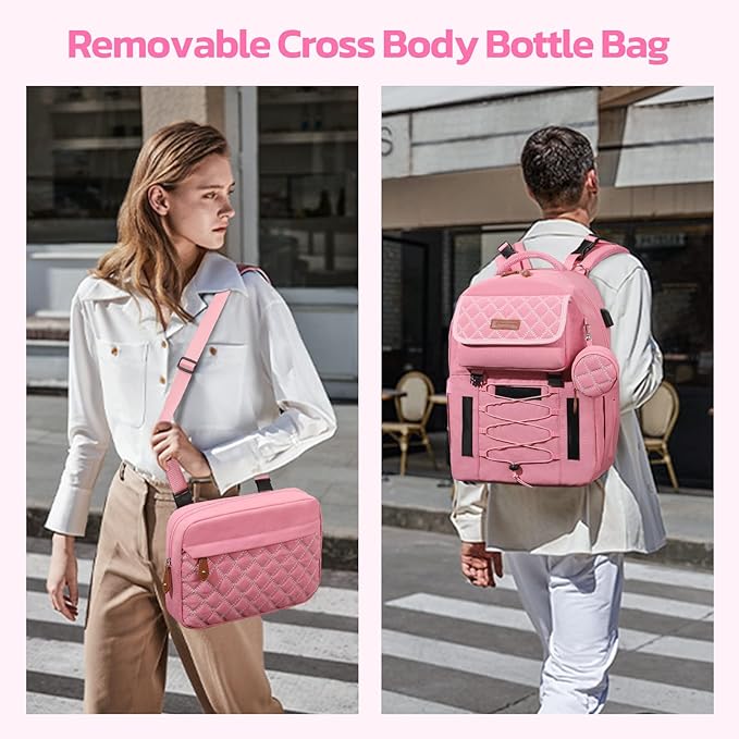 Maelstrom Large Diaper Bag,29L-45L Expandable Diaper Bag Backpack for 2 Kids/Twins Baby Stuff, with Removable Cross Body Bottle Bag for Mom/Dad, Stylish Baby Bag Gift for Boys/Girl-Pink