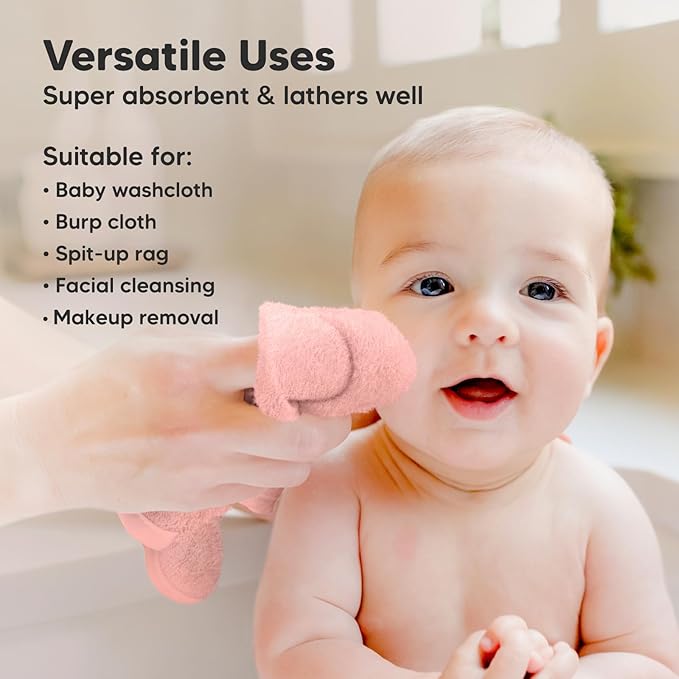 6-Pack Soft Baby Washcloths, Viscose from Bamboo - Kids, Newborn Bath Towels, Infant Shower, Toddler Reusable Face Towel, Gentle on Skin, Face Wash Cloths for Babies, 10x10 (Blush Pink)