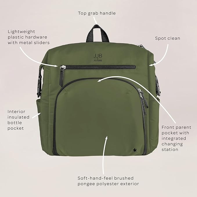 JJB by JuJuBe Modern Diaper Bag Backpack with Portable Changing Pad, Stroller Straps, Large Travel Backpack for Boy or Girl, Carrying Baby Bottles, Wipes, Diapers, Pacifiers, Olive, Mother's Day Gift