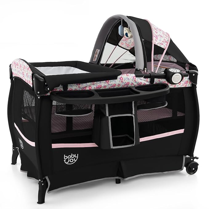 BABY JOY 4 in 1 Pack and Play, Portable Baby Playard with Bassinet & Flip-Away Changing Table, Canopy, Infant Bassinet with Storage Basket, Oxford Bag from Newborn to Toddlers (Pink Flower)