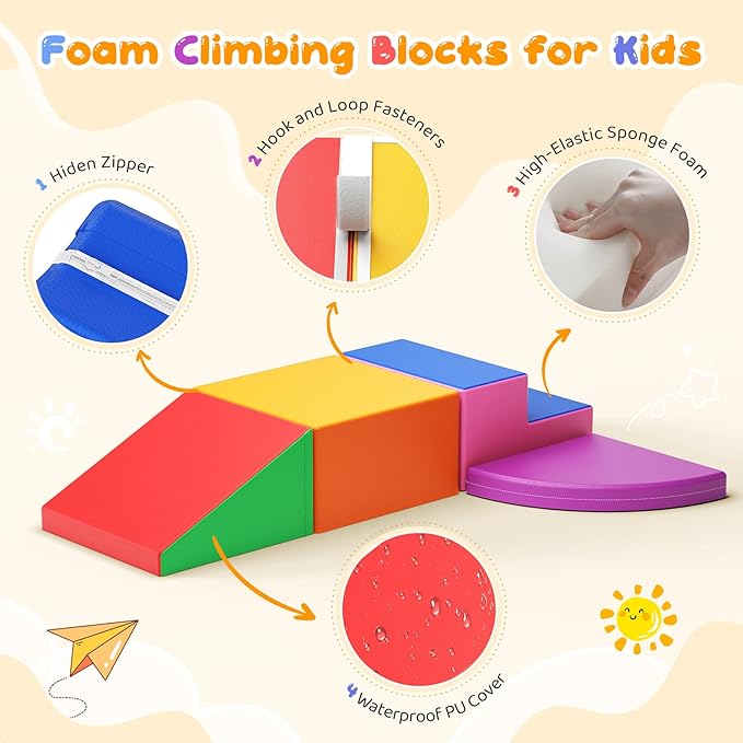 Lischwert Foam Climbing Blocks for Toddlers 1-3, 4pcs Soft Play Set with Crawling Exploration Toys, Indoor Outdoor Infant Safe Blocks for Baby Gym Toddler Playground - Colorful
