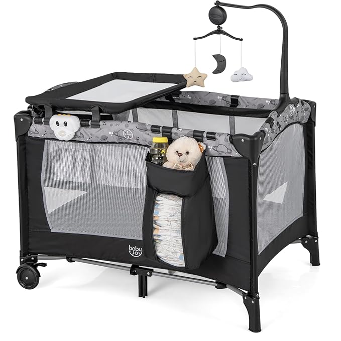 BABY JOY 3 in 1 Pack and Play, Portable Baby Playard with Bassinet, Changing Table, Lockable Wheels, Glowing Music Box, Travel Baby Crib Bassinet Bed from Newborn to Toddler