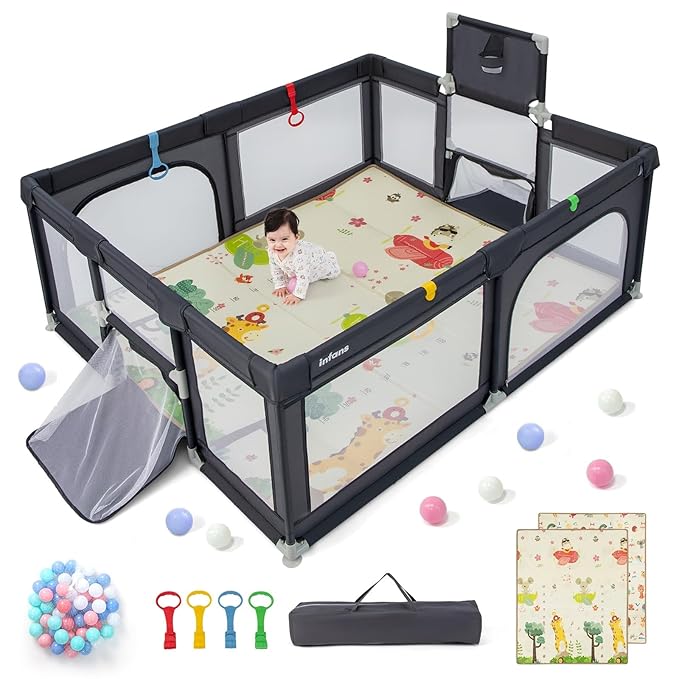 INFANS Baby Playpen, 74” x 62” Extra Large Baby Play Yard with Crawling Mat, 50 Ocean Balls, 4 Pill Up Rings, Basketball Hoop and 2 Football Gates for Toddlers, Indoor Activity Center (Dark Gray)