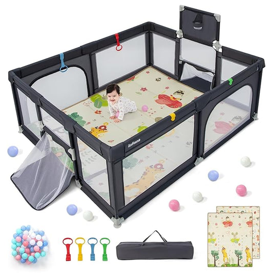 INFANS Baby Playpen, 74” x 62” Extra Large Baby Play Yard with Crawling Mat, 50 Ocean Balls, 4 Pill Up Rings, Basketball Hoop and 2 Football Gates for Toddlers, Indoor Activity Center (Dark Gray)