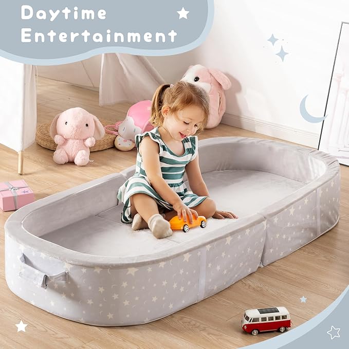 BYBYME Portable Toddler Travel Bed - Waterproof Foldable Floor Crib with Washable Fitted Sheet - Ideal Folding Toddler Cots for Sleeping and Sleepovers (Grey)