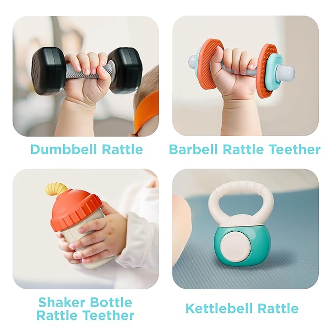 iPlay, iLearn Baby First Gym Rattle Set, Infant Dumbbell Weights Teething Rattles 3-6-12 Month, Newborn Workout Sensory Stroller Toy, Babies Birthday Shower Gift 5 7 8 9 10 Month Toddler Boy Girl-4PCS