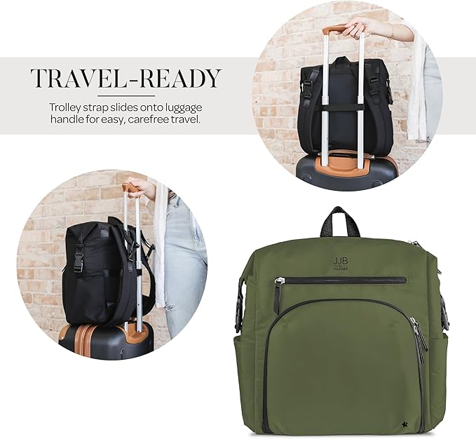 JJB by JuJuBe Modern Diaper Bag Backpack with Portable Changing Pad, Stroller Straps, Large Travel Backpack for Boy or Girl, Carrying Baby Bottles, Wipes, Diapers, Pacifiers, Olive, Mother's Day Gift