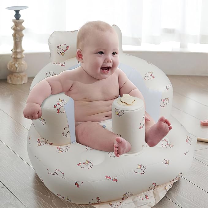 Inflatable Baby Seat with Built in Pump for Babies 3 Months & Up, Baby Floor Seats for Sitting Up, Blow Up Baby Chair for Infants - Unicorn