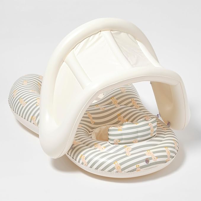 SUNNYLiFE Baby Pool Float with Canopy 24-33lbs - Infant Float with Removable Shade Canopy, Baby Swim Float with Head Rest & Leg Support | Duck Sage Stripe