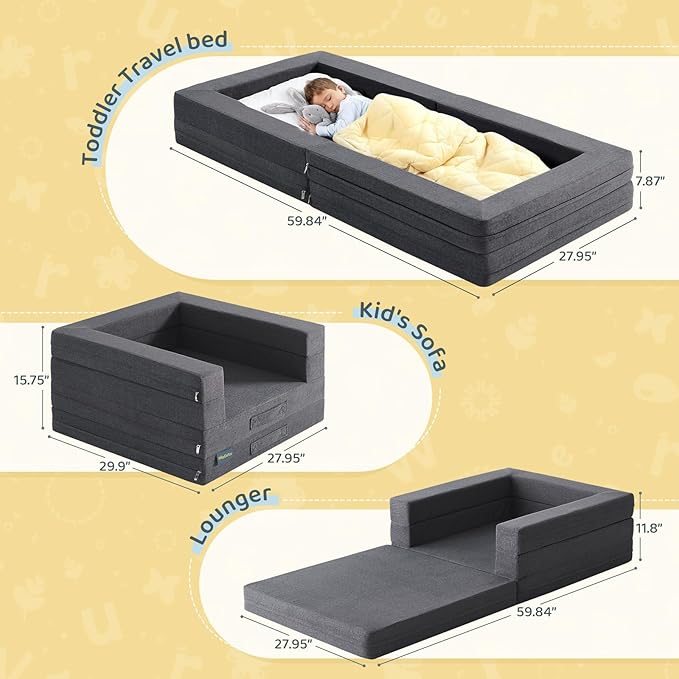 Travel Toddler Bed, 3-in-1 Convertible Sofa Bed for Toddler Portable Floor Beds, Flip Open Sofa Lounger for Girls and Boys, Made with High-Density Foam and Washable Cover,Gray